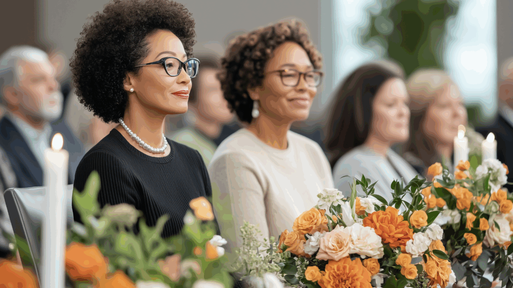Guests sitting among floral arrangements at a ceremony.