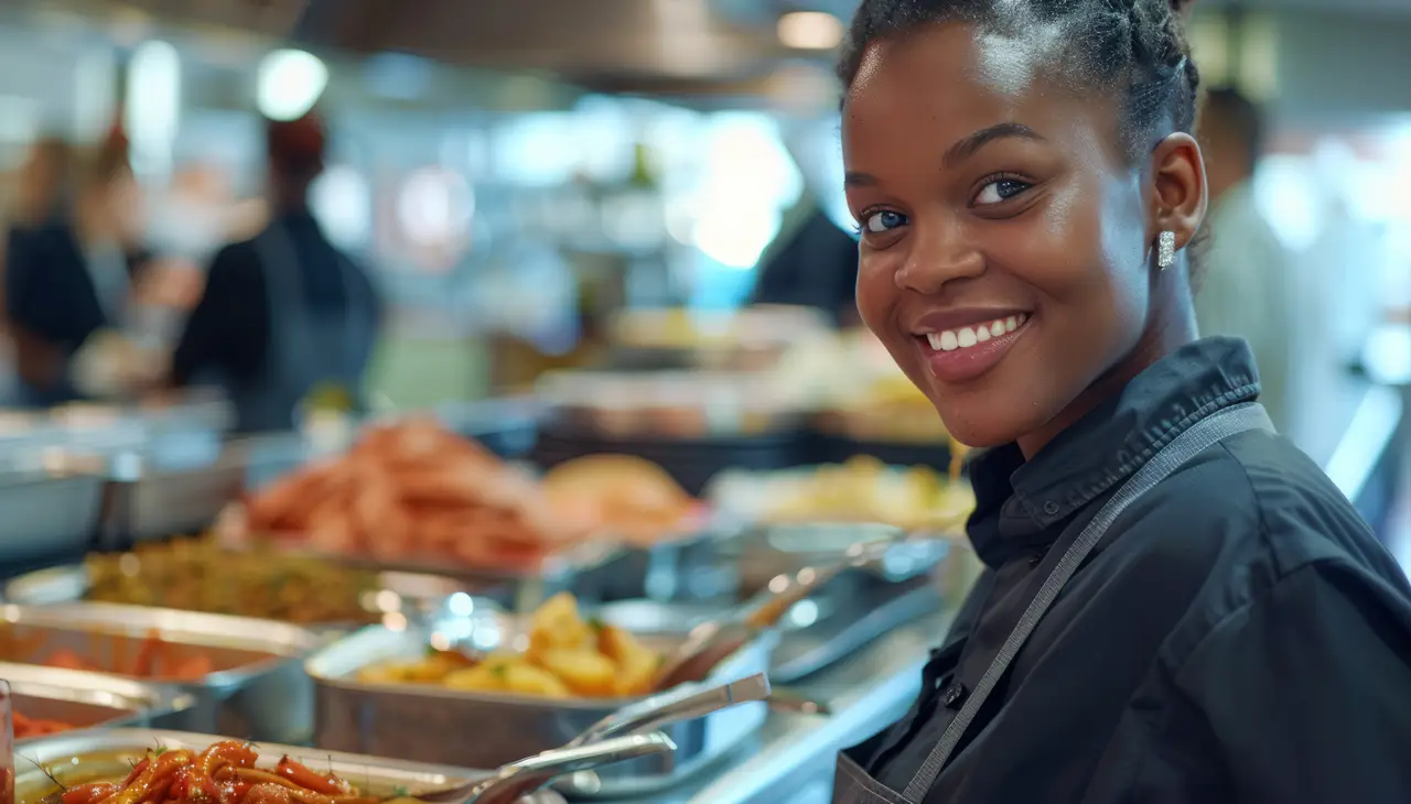 Smiling chef standing by buffet with trays of food.
