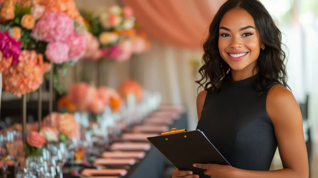 Smiling woman holding a clipboard stands beside a beautifully decorated event table with pink and orange floral arrangements.