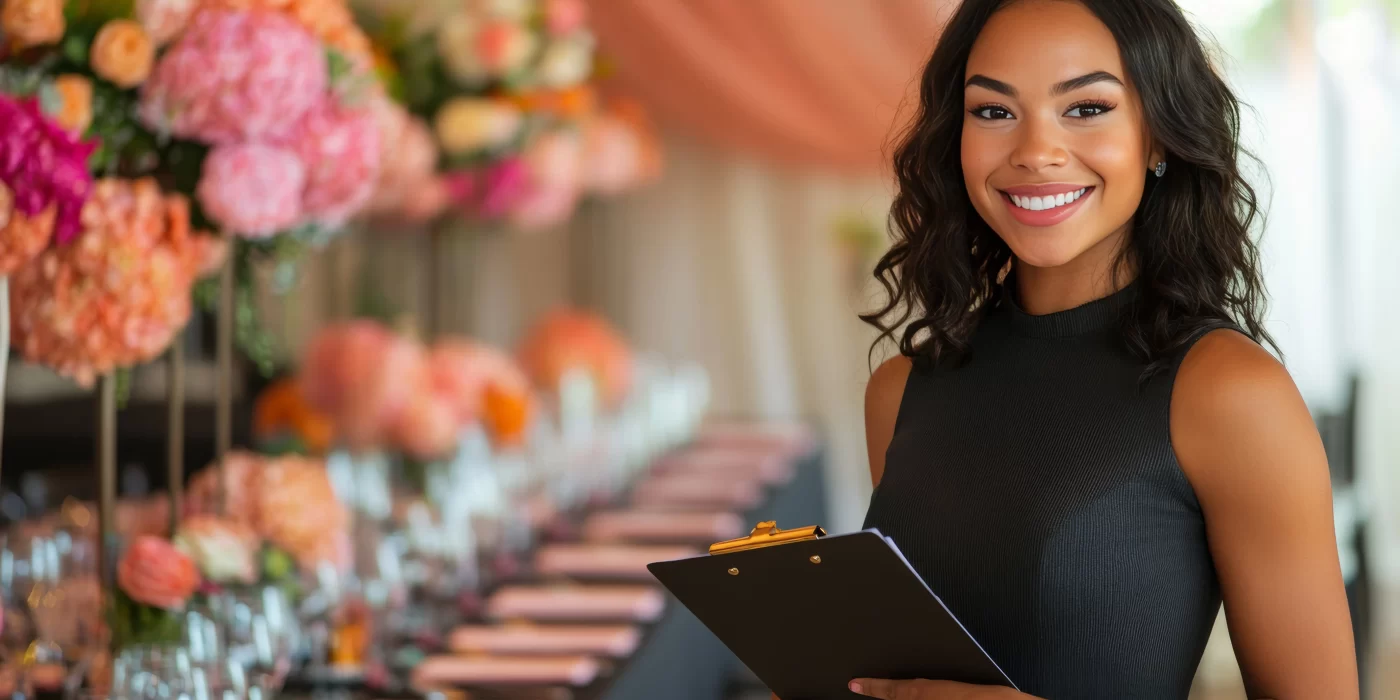 Smiling woman holding a clipboard stands beside a beautifully decorated event table with pink and orange floral arrangements.