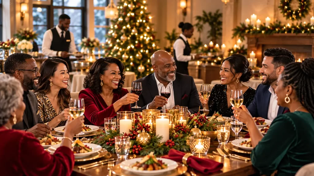 Professional Here2Serve hospitality staff supporting a warm holiday celebration while family, friends, or colleagues enjoy time together.