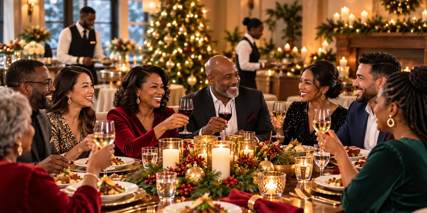 Professional Here2Serve hospitality staff supporting a warm holiday celebration while family, friends, or colleagues enjoy time together.