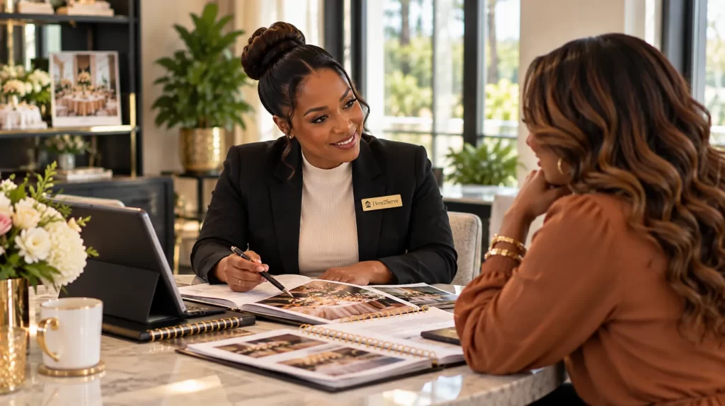 Here2Serve event consultant meeting with a client during a professional event consultation.