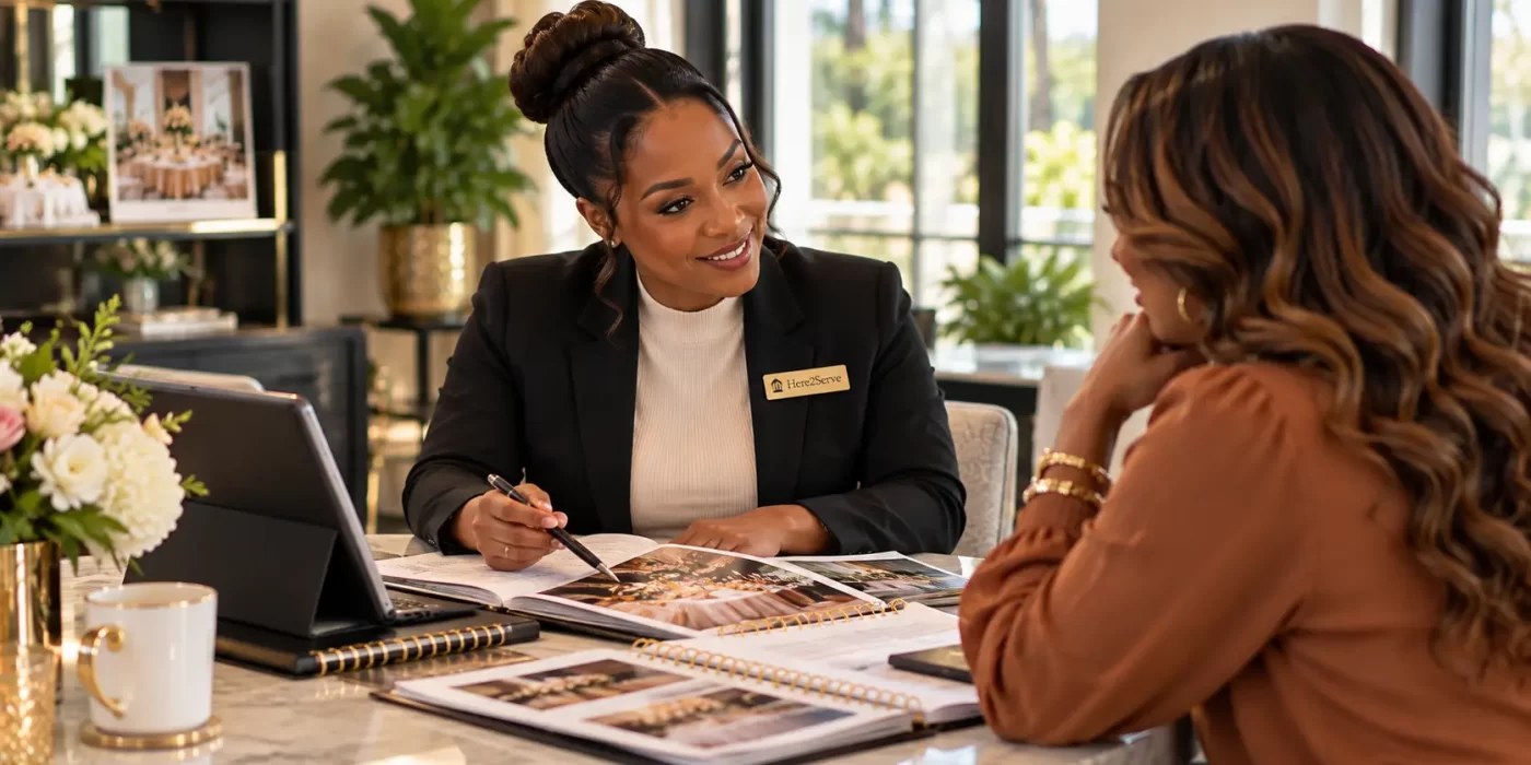Here2Serve event consultant meeting with a client during a professional event consultation.